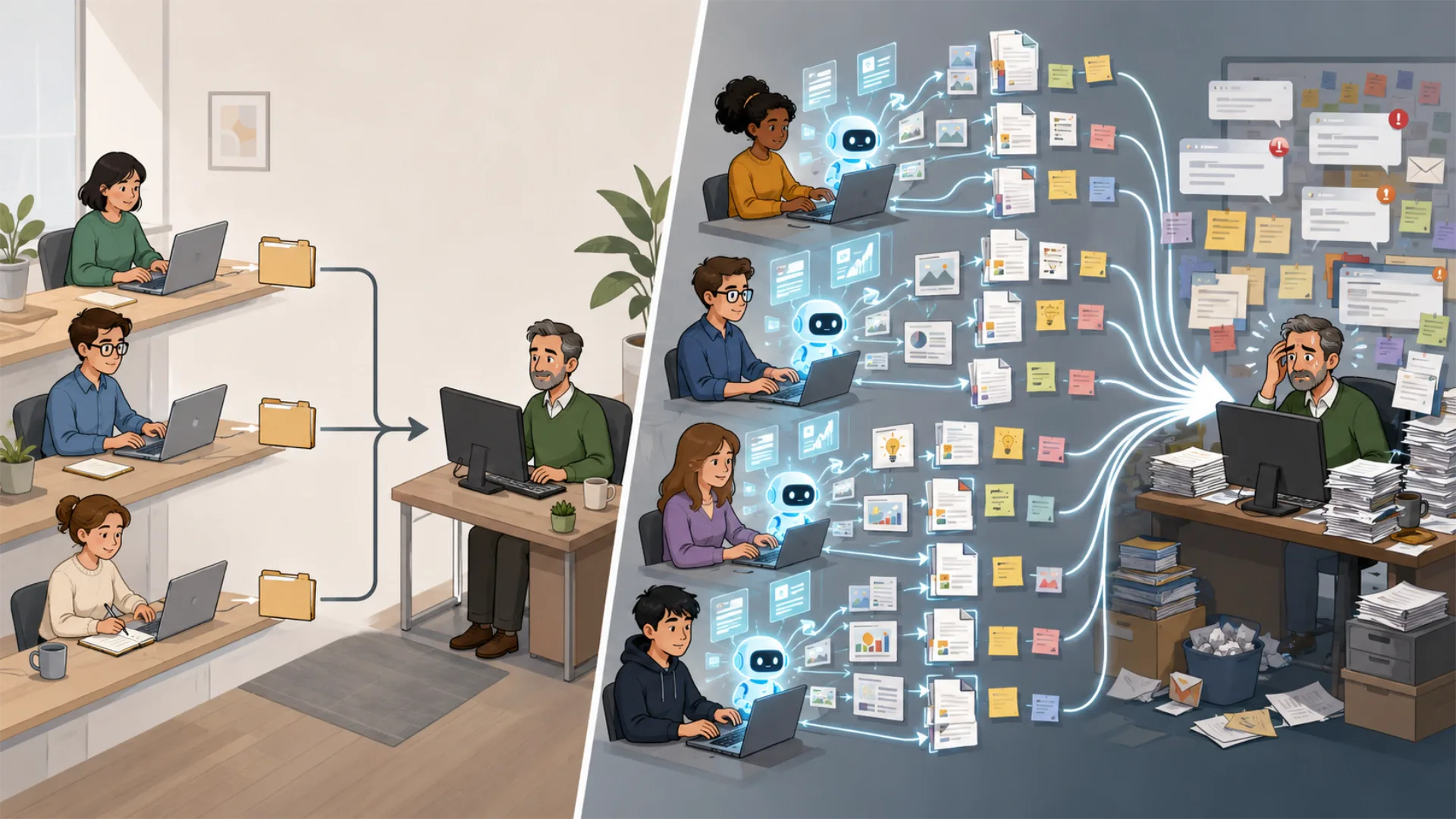 Illustratie van de AI-productiviteitsillusie waarbij de bottleneck verschuift naar review, beslissingen en implementatie.